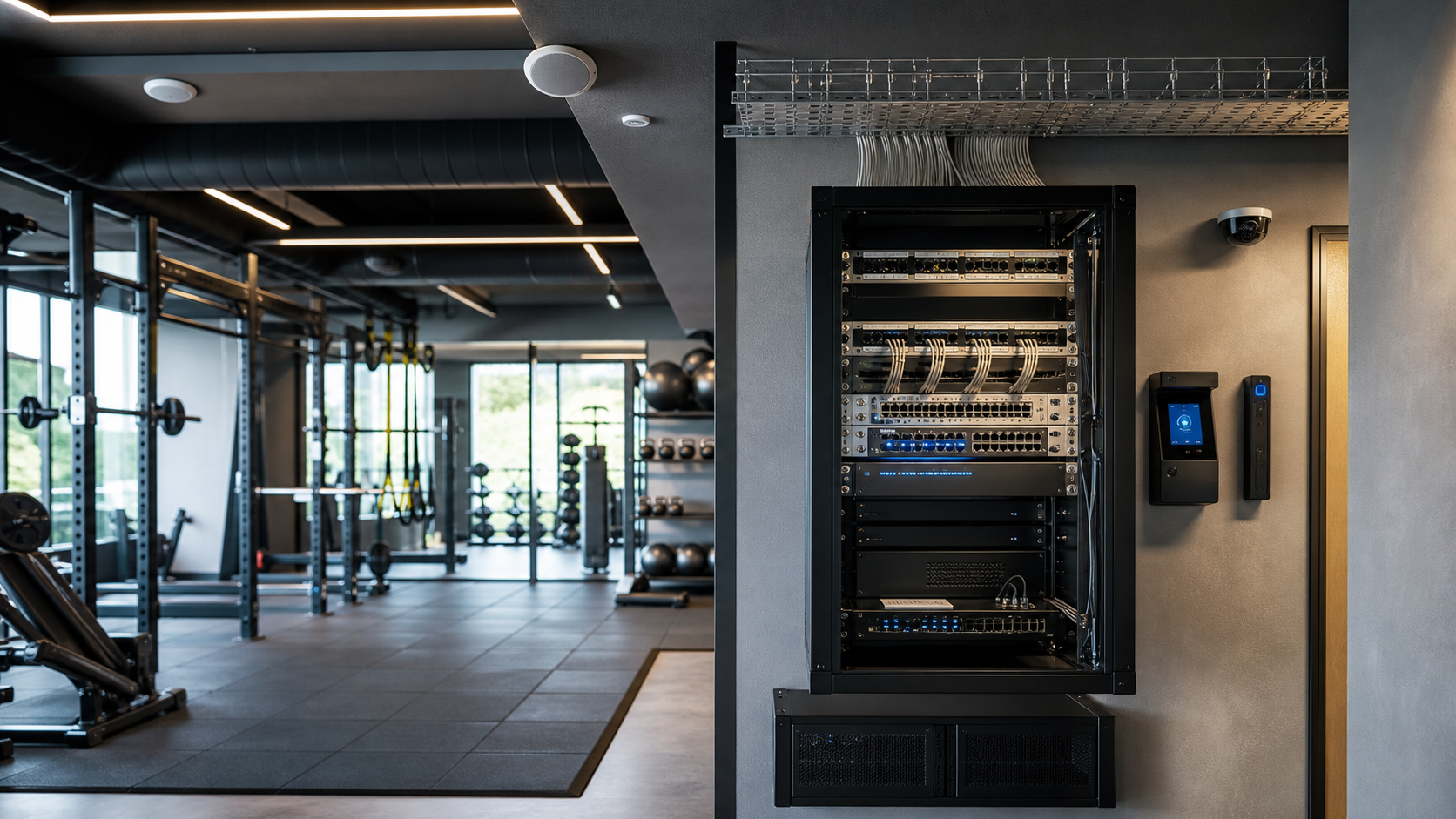 Technikinstallation mit Netzwerkschrank, Audio- und Zutrittstechnik in gewerblicher Umgebung
